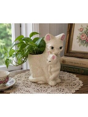 Vintage Cat & Kitten Ceramic Japan Planter White Pink Green Eyes MCM Decor